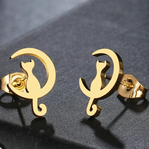 Stainless Steel Cat on Crescent Moon Stud Earrings | NEW Gold - Picture 6 of 7